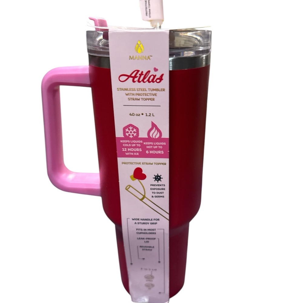 Marina Atlas Red Stainless Steel Tumbler with Pink Handle